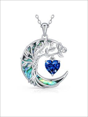 S925 Sterling Silver Tree of Life Birthstone Necklace Abalone Shell Moon Pendant